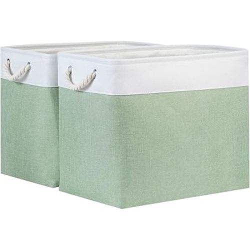 Bidtakay Large Storage Baskets for Nursery Toy Organizer Collapsible Organizing Baskets 17x12x15 In Green Canvas Bins for Organizing Set of 2 Clothes Decorative Baskets for Home Office Room Decor