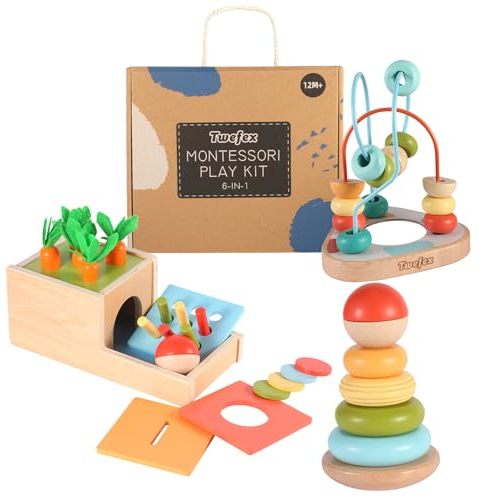 Wooden Montessori Learning Toys Kit,Babies Toys Set for 1 Year Old, Sensory and Thinking Play kit for Toddlers (Boys and Girls). 4 in 1 Drop Box; Rocking Stacker; Bead Maze.