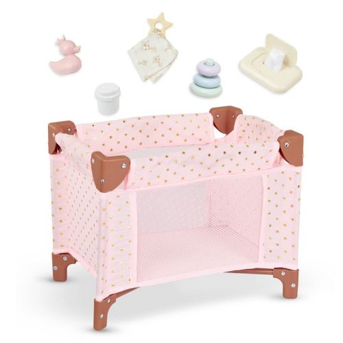 Lullababy Doll Foldable Playpen & Accessories Set - Pink & Golden Stars