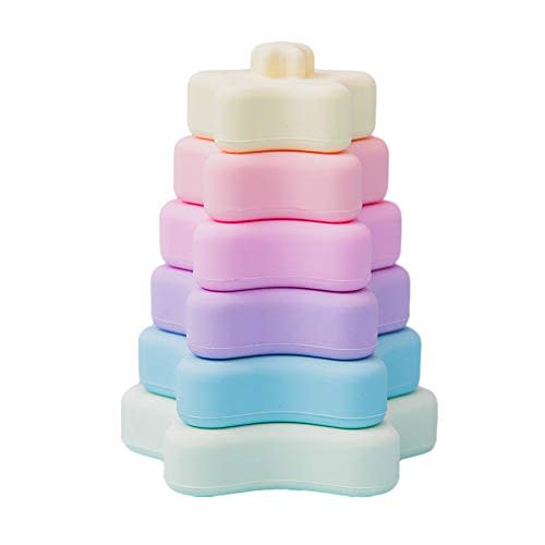 Promise Babe Stacking Toys, Silicone Stacking Rings Teething Toy with Star Shape, Soft Building Blocks, Montessori Early Educational Toy for 6 Month+ Boys & Girls 6Pcs