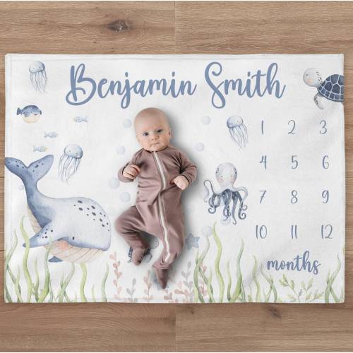 Ocean Milestone Blanket, Custom Baby Boy Under the Sea Baby Name Blanket, Personalized Underwater Turtle Whale Fish Blanket Baby Shower Gift