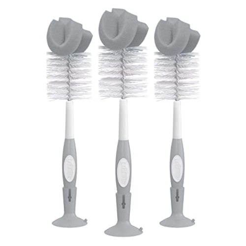 Dr. Brown's Reusable Sponge Baby Bottle Cleaning Brush Set with Suction Cup Stand, Scrubber and Nipple Cleaner, Gray, 3 Pack