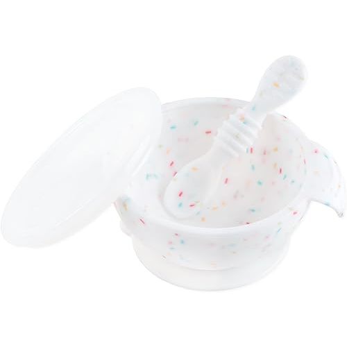 Bumkins Baby Bowls, Silicone Baby Feeding Set, Suction Bowls for Baby and Toddler with Spoon and Lid, First Feeding Set, Platinum Silicone Bowl for Babies 4 Months