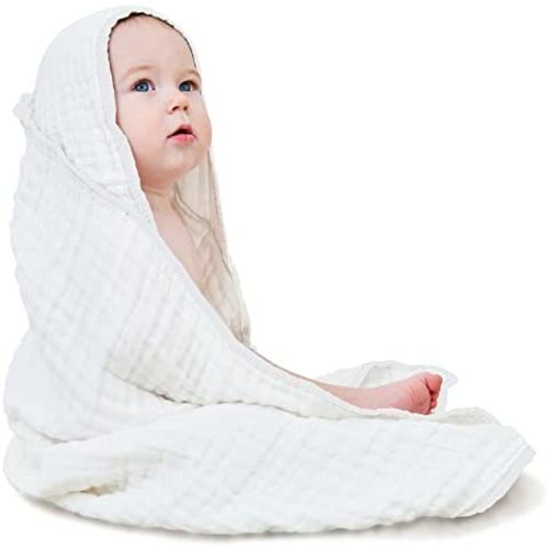 Yoofoss Baby Bath Towel 100% Muslin Cotton Hooded Baby Towels Large 32x32Inch Soft and Absorbent for Babie, Infant and Toddler, Newborn Essential for Boys Girls (White)