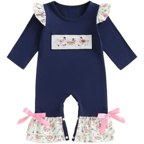 Newborn Baby Girl Farm Outfit Chicken Embroidery Floral Ruffle Trim Flare Jumpsuit Long Sleeve Romper Fall Clothes