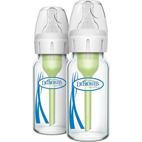 Dr. Brown's Natural Flow Anti-Colic Options+ Narrow Glass Baby Bottle, 4 oz/120 mL, with Level 1 Slow Flow Nipple, 2 Pack, 0m+