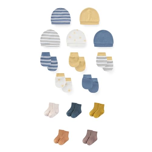 JELYLOVE 15 Pack Unisex New Born Boy Girls No Scratch Mittens Sets Cotton Soft Baby Gloves Hats socks Accessory 0-6 Months