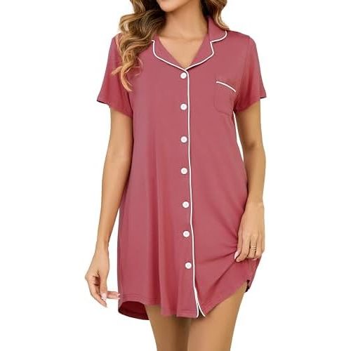 Nightgowns for Women Short Sleeve Button Down Nightshirt Soft Sleepshirt Boyfriend Pajama Dress