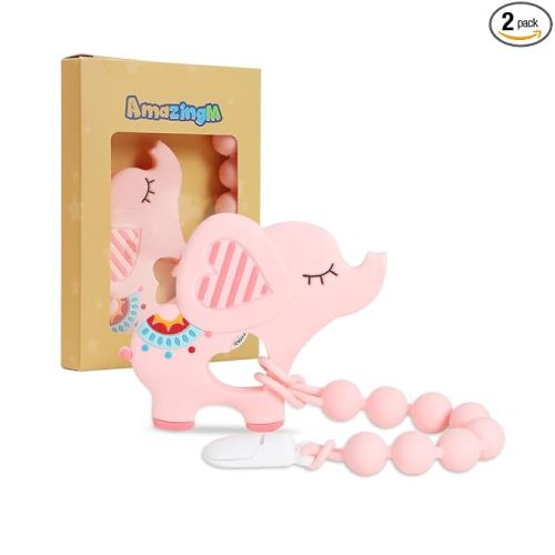 Baby Food Grade Silicone Teether Toy with One Piece Design Pacifier Clip Holder,Teething Toys Gift Set for 3 Months+ Boys and Girls,Freezer Safe,BPA Free. (Pink Elephant)