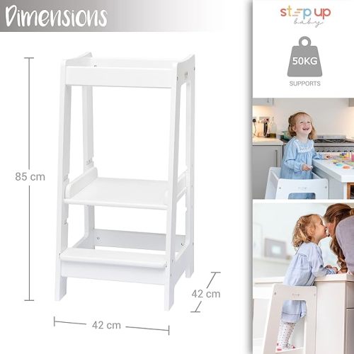 Toddler Tower Step High Chair | Montessori Inspired | Kitchen Wooden Step Stool for Preschool Kids | Adjustable for 18 Month - 5 Years | Includes Safety Rail (White)