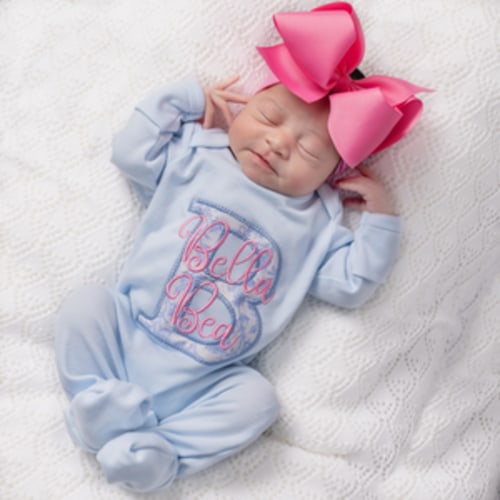 Baby Girl Coming Home Outfit w/ Big Bow Headband - Light Blue Chinoise – Junie Grace