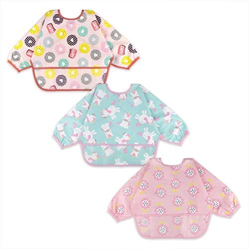 3-Pack Baby Girl Waterproof Sleeved Bibs | Cute Crumb Catcher with Long Sleeves | Toddler Feeding Apron (6-24M)