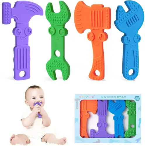 TYRY.HU Baby Teething Toys for Babies, Baby Teether Toys, BPA Free Silicone Baby Molar Teether Chew Toys, Hammer Wrench Spanner Pliers for Boys Girls, Soft-Textured, Easy to Hold & Clean, 4 Packs