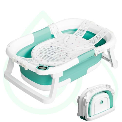 Aprpink Foldable Baby Bathtub PP+TPE with Soft Bath Net&Thermometer for 0-36 Months Toddler Turquoise