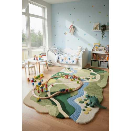 Abstract Landscape Wool Rug – Hand Tufted Modern Nursery Rug for Kids Room