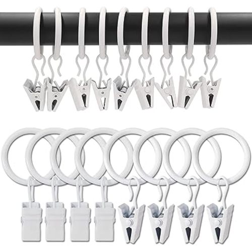 100 Pack Metal Curtain Rings with Clips, Drapery Clips with Rings, Drapes Rings 1 in I D, Fits Diameter 6/8 in Curtain Rod, White