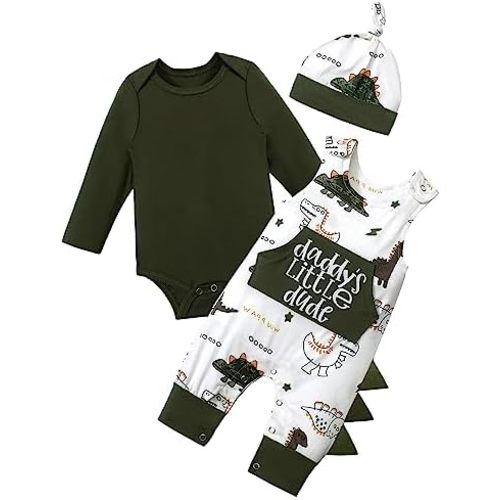 Baby Boy Clothes, Baby Boy Romper 3Pcs Baby Boy Outfits Set Long Sleeve Dinosaur Clothes Baby Boy Overalls with Hat