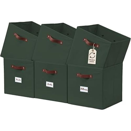 DECOMOMO Storage Bins | Cube Storage Bin with Label Holders, Fabric Storage Cubes for Organizing Shelves Closet Toy Clothes (10.5" x 11" / 6pcs, Olive Green)