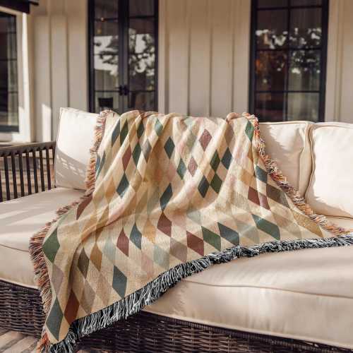 Diamond Pattern Woven Blanket Checkered Fringe Neutral Farmhouse Throw Blanket Woven Harlequin Style Baby Blanket Southern Rustic Blanket