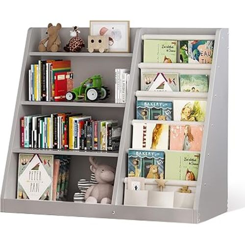 Kids Bookshelf and Toy Storage Organizer, 4 Tier Wooden Kids Book Shelf with Sling Book Rack in Kids Room Playroom Nursery for Kids, Children, Toddlers, Grey