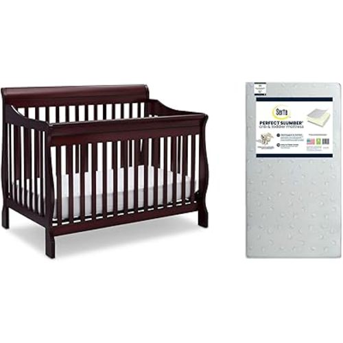Delta Children Canton 4-in-1 Convertible Crib, Espresso Cherry + Serta Perfect Slumber Dual Sided Recycled Fiber Core Crib and Toddler Mattress (Bundle)