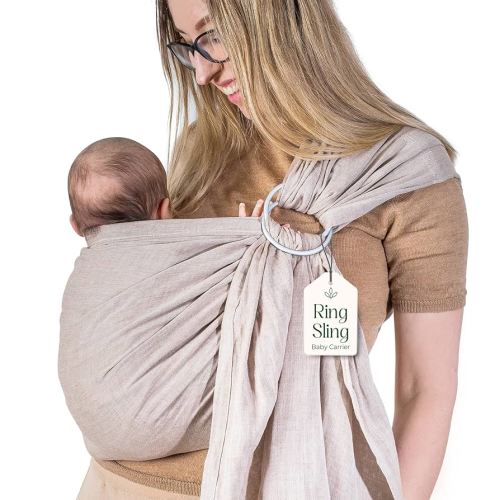 Baby Sling Carrier – Breathable 100% Cotton Wrap for Infant Support, Ring Sling Baby Carrier – Adjustable Muslin Fabric, Soft Chest Hold for Travel (Sand)