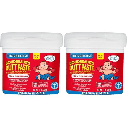 Boudreaux's Butt Paste Maximum Strength Diaper Rash Cream, Ointment for Baby, 14 oz Flip-Top Jar (Pack of 2)