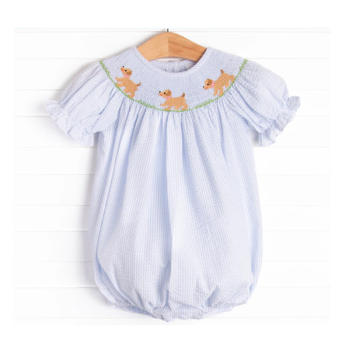 Walk and Wag Smocked Girl Bubble, Blue – Stitchy Fish