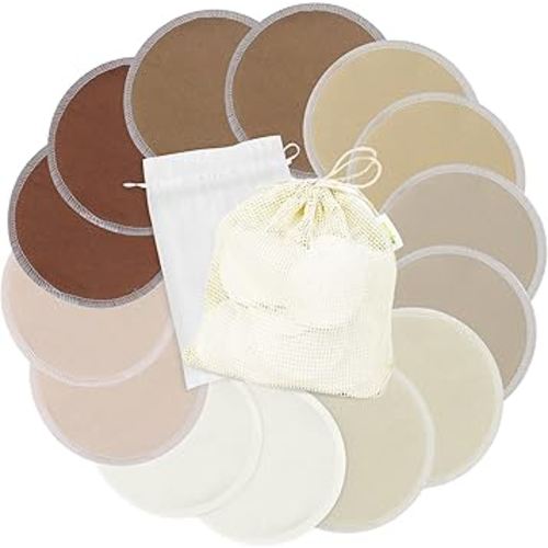 wegreeco Nursing Breast Pads (14 Pack) + Laundry Bag & Travel Storage Bag, 4.7 inch - Washable & Reusable Breastfeeding Nursing Pads (Brown, Plain Shape)