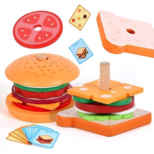 Wooden Burger Sandwich Stacking Toys, Montessori Toys for Toddlers Play Food Educational Preschool Learning Toys Christmas Birthday Gift Kids Toys for Boys Girls 3 4 5 Years Old (Set)