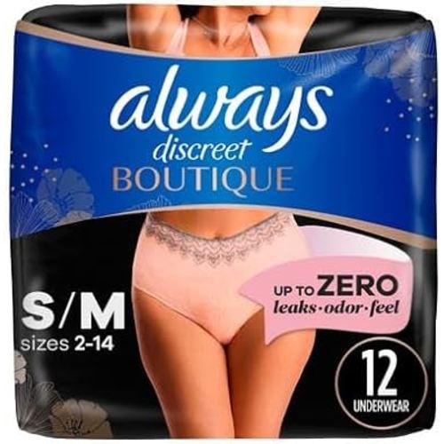 Always Discreet Boutique Adult Incontinence & Postpartum Underwear For Women, High-Rise, Size Small/Medium, Rosy, Maximum Absorbency, Disposable, 12 Count (Packaging May Vary)