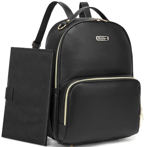 Leather Diaper Bag Backpack - Large Capacity Baby Essentials Travel Baby Bag with Changing Pad, Multi function Waterproof Baby Bag with Adjustable Shoulder Strap & Stroller Straps