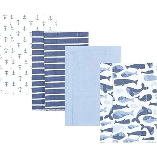 Hudson Baby Unisex Baby Cotton Flannel Burp Cloths 4-Pack, Cute Whales, One Size