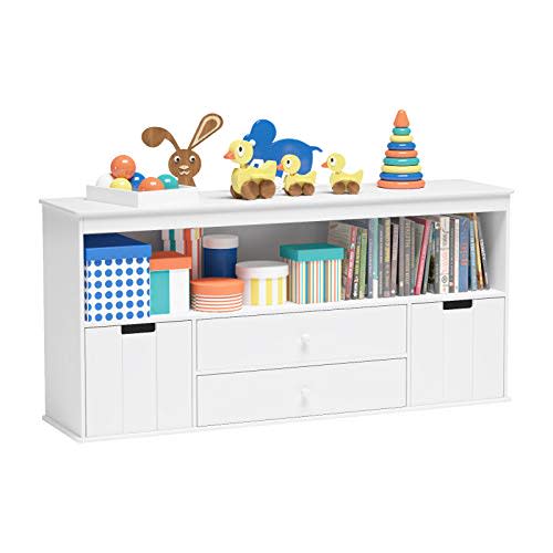 Timy 51.9" Toy Storage Organizer with 2 Drawers, Wooden Toy Organizer Bins, Kids Bookshelf for Reading, Storing, Playing, White