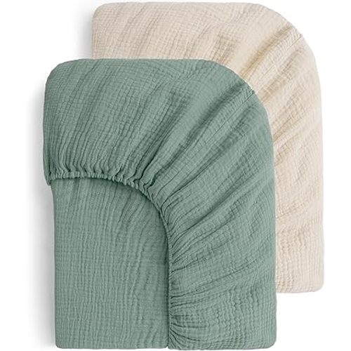 Yoofoss Muslin Crib Sheets for Boys Girls 100% Cotton Fitted Baby Crib Sheet 2 Pack Soft and Breathable for Standard Crib Mattress & Toddler Mattress 52"x28" Apricot&Green