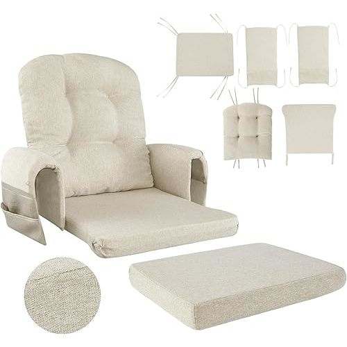 HOMBYS 5 PCS Glider Rocker Replacement Cushions with Storage Side Pocket,Linen-Like Fabric, Foam & Microfiber Filling, Non-Slip & Washable,Thickened & Supportive for Glider Rocking Chair, Khaki
