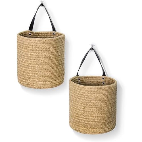 2 Pack Hanging Basket, Small Wall Baskets for Organizing, Wicker Boho Wall Decor Set, Indoor Hanging Plant Holder, Rattan Woven Organizer for Home Decor, Farmhouse Storage Bin, Jute
