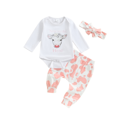 Infant Baby Girl Autumn Outfits Long Sleeve Cow Print Romper+Pants+Headband Set