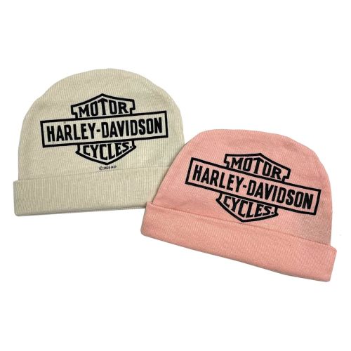 Harley-Davidson Baby Girls' 2 Pack Bar & Shield Rib Knit Beanies, Pink/Cream