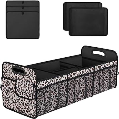 Femuar Collapsible Trunk Organizer - 90L Large Capacity with 15 Pockets, Waterproof for SUV/Car/Jeep/Sedan, Extra Large Leopard Print
