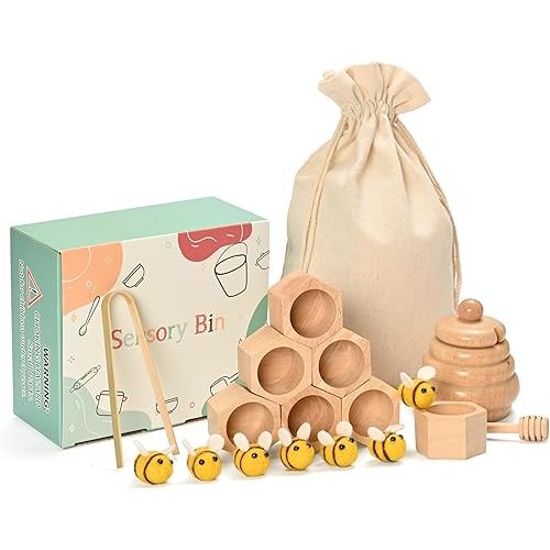Sorting Stacking Wooden Toys for Toddlers, Montessori Toys for Toddlers, Sensory Bin Tool Toys, Wood Bee Hive, Fine Motor Skill Tactile Toys, Early Learning Educational Gift for Kids