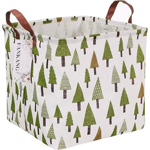 FANKANG Square Nursery Hamper Storage Bins Canvas Laundry Basket Foldable with Waterproof PE Coating Large Storage Baskets Gift Baskets for Children Office Bedroom ClothesToys (SquareGreen forest)