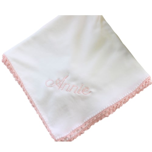 Pixie Lily Girls Receiving Blanket White Pink Crochet Trim
