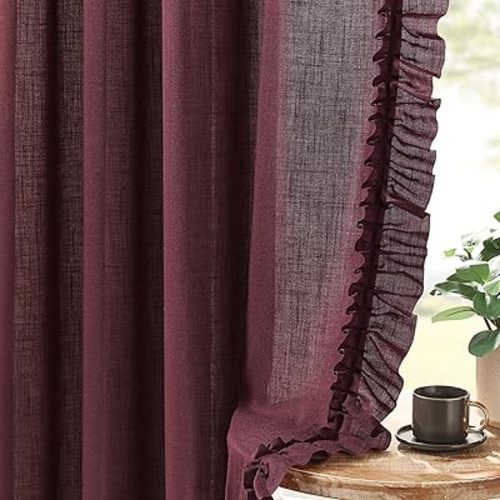 Burgundy Linen Ruffle Curtains for Living Room 47 x 84 Inch, 2 Panels