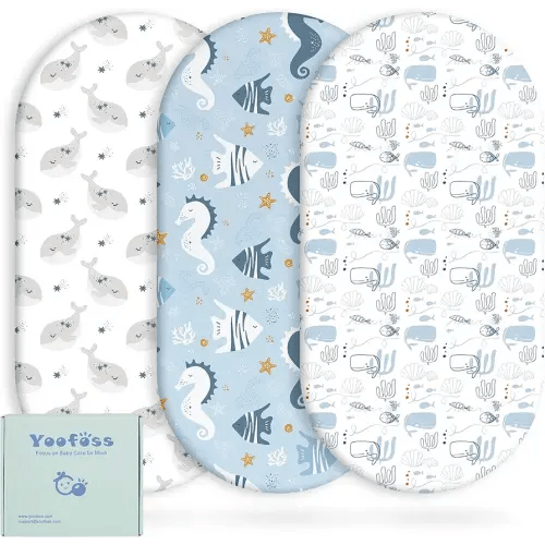 Yoofoss Bassinet Sheets Baby Girl Boy, Fitted Bassinet Sheet Set 3 Pack Universal Fit for Cradle Moses Basket Oval Rectangle Round Hourglass Mattress,Soft Breathable (Blue+Seahorse)