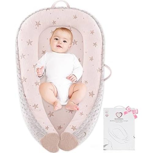 Baby Lounger - Infant Lounger Pillow for Newborn 0-24 Months, Soft, Breathable & Portable Baby Lounger Pillow for Boys & Girls, Cozy Baby Floor Seat for Home & Travel (Pink Star)