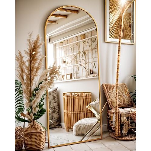 Full Length Mirror, 58"x19" Floor Mirror, Arch Floor Standing Mirror Freestanding Arch Full Body with Stand for Bedroom, Hanging Mounted for Living Room Cloakroom, Gold