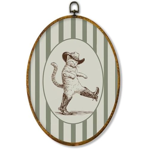 XPH Funny Western Cowboy Cat Oval Wall Art Framed, Cat Lovers Gifts Oval Wall Decor, Sage Green Striped Western Kitten Hanging Canvas Prints for Home Bedroom Living Room Decoration, 8.6x11.4 Inch