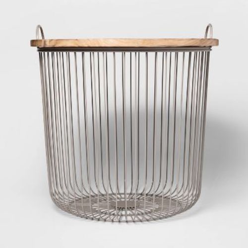 Wire Kids' Storage Floor Bin Gray - Pillowfort™: Round Metal & Wood Basket With Lid And Handles