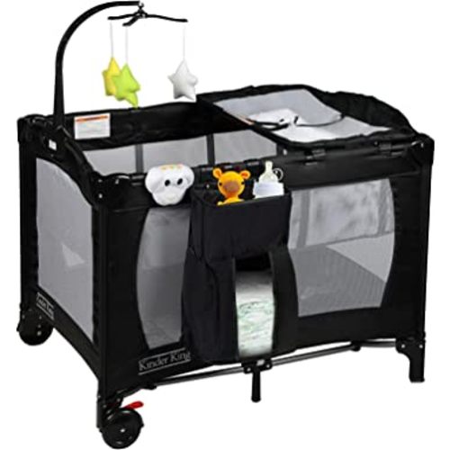 Kinder King 3 in 1 Portable Nursery Center, Foldable Playard for Baby & Toddler, Infant Pack n Play w/Bassinet, Removable Mattress, Newborn Changing Table, Travel Bag, Music Box, Storage Basket, Black